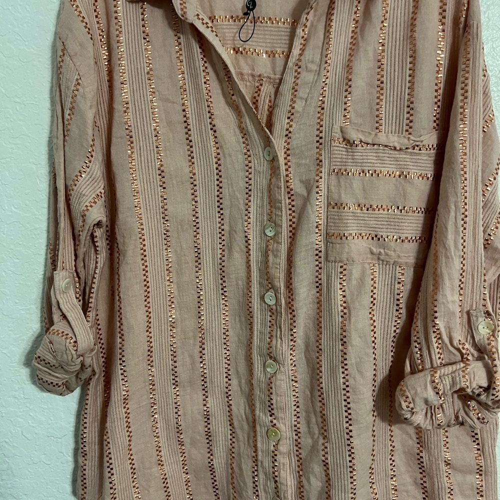 Club Z Collection Blouse Women's 1X Pink Metallic Collared Striped Shirt #229